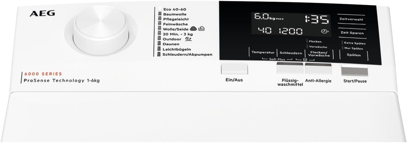 AEG Waschmaschine Toplader, Serie 6000 mit ProSense, 6,0 kg, Leise, Mengenautomatik, Nachlegefunktion, Wasserstopp, 1200 U/min, LTR6A61260