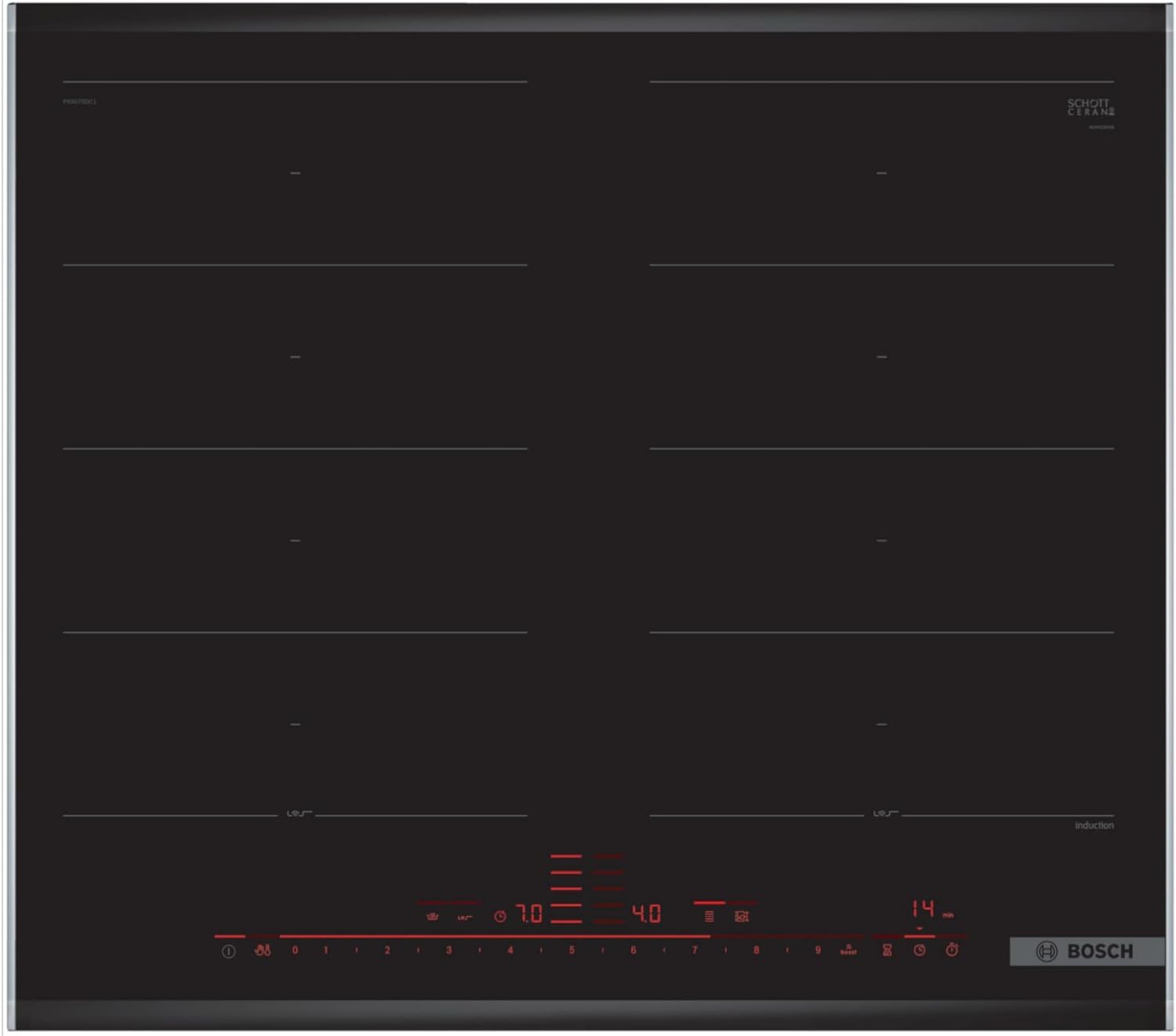 Bosch PXX675DC1E Serie 8 Induktionskochfeld (autark), 60 cm breit, FlexInduction Kochzonen verbinden, MoveMode voreingestellte Leistungsstufen, Bratsensor, PowerBoost schnelleres Kochen, Schwarz