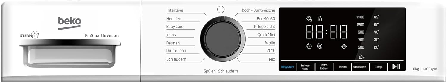Beko BM3WFOE841PSA freistehende Waschmaschine, Waschvollautomat, 8 kg, Schleuderwahl 1400 U/min, AddXtra, SteamCure, Coldwash Wasser-& Zeitersparnis, Weiß