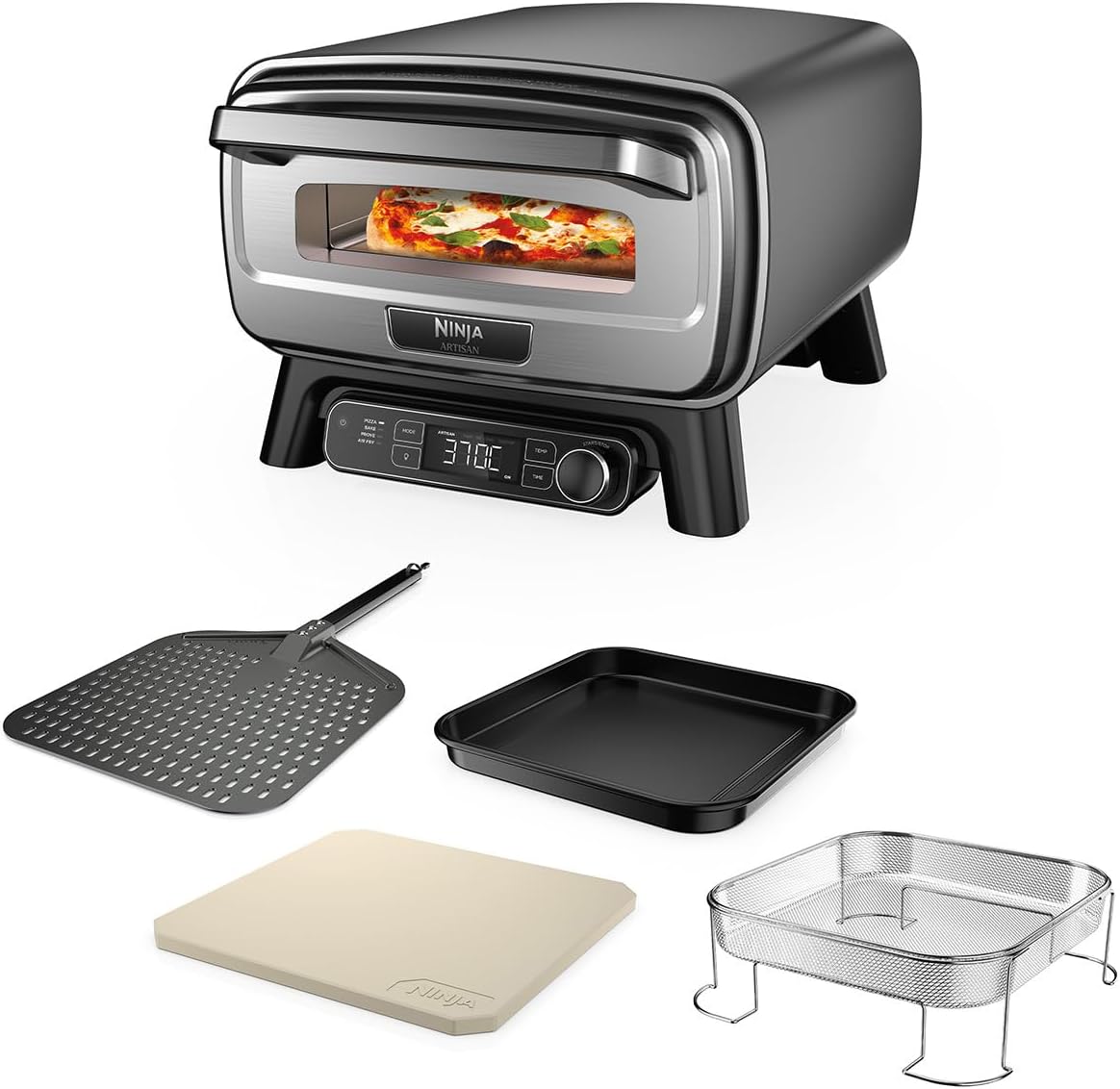 Ninja Artisan Outdoor-Pizzaofen und Heißluftfritteuse, 4 Funktionen: Pizza, Air Fry, Bake, Prove, 5 Pizzaeinst., mit 30 cm Pizzastein, Pizzaschale, Backblech, Heißluft-Fritteusen-Korb, Grau MO201EU