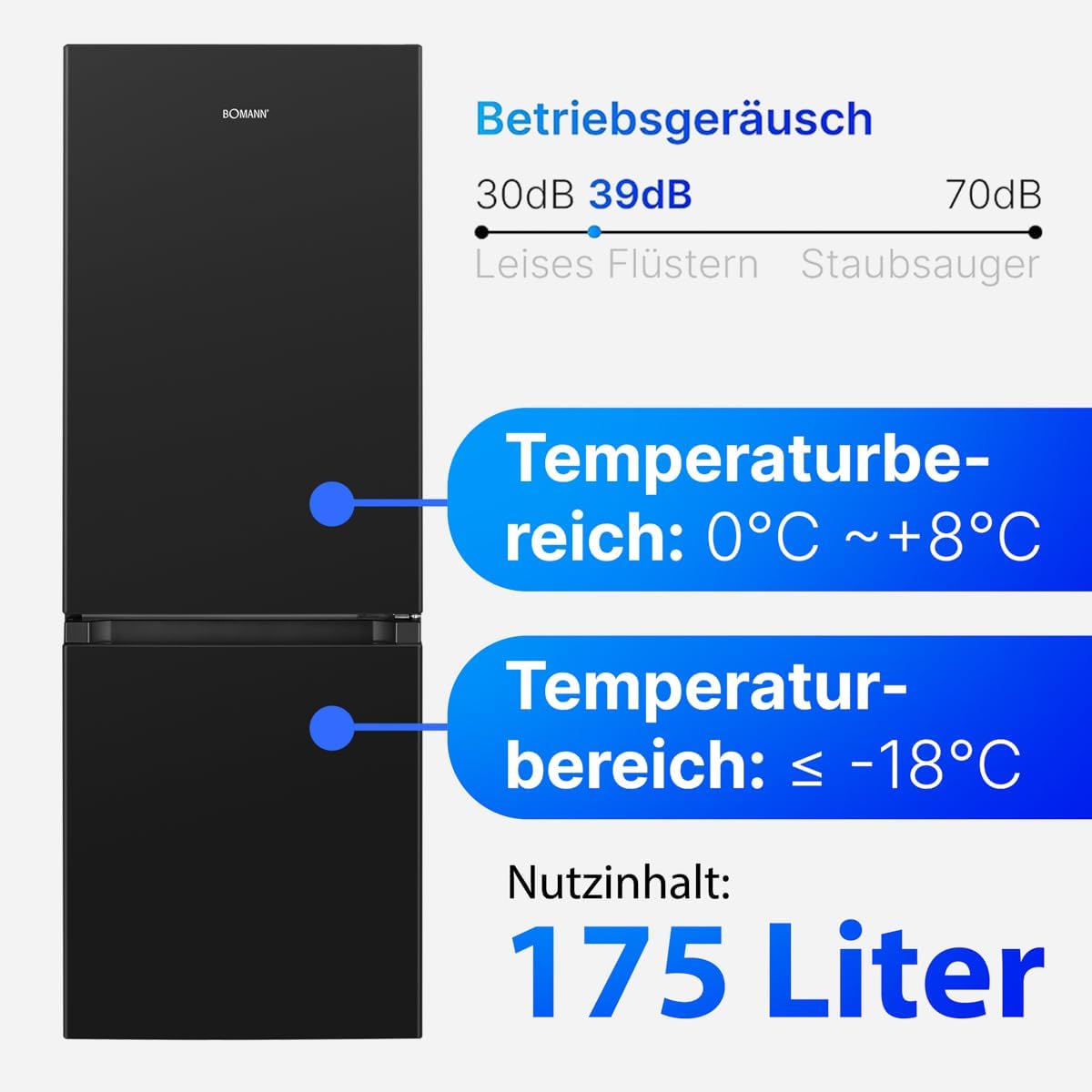 Bomann® Kühlschrank mit Gefrierfach | Energieklasse E | 143cm | Kühl Gefrierkombination leise 39 dB | 3 Ablagen & 3 Schubladen | Türanschlag wechselbar | 175L Kühlgefrierkombi | KG 320.2 schwarz