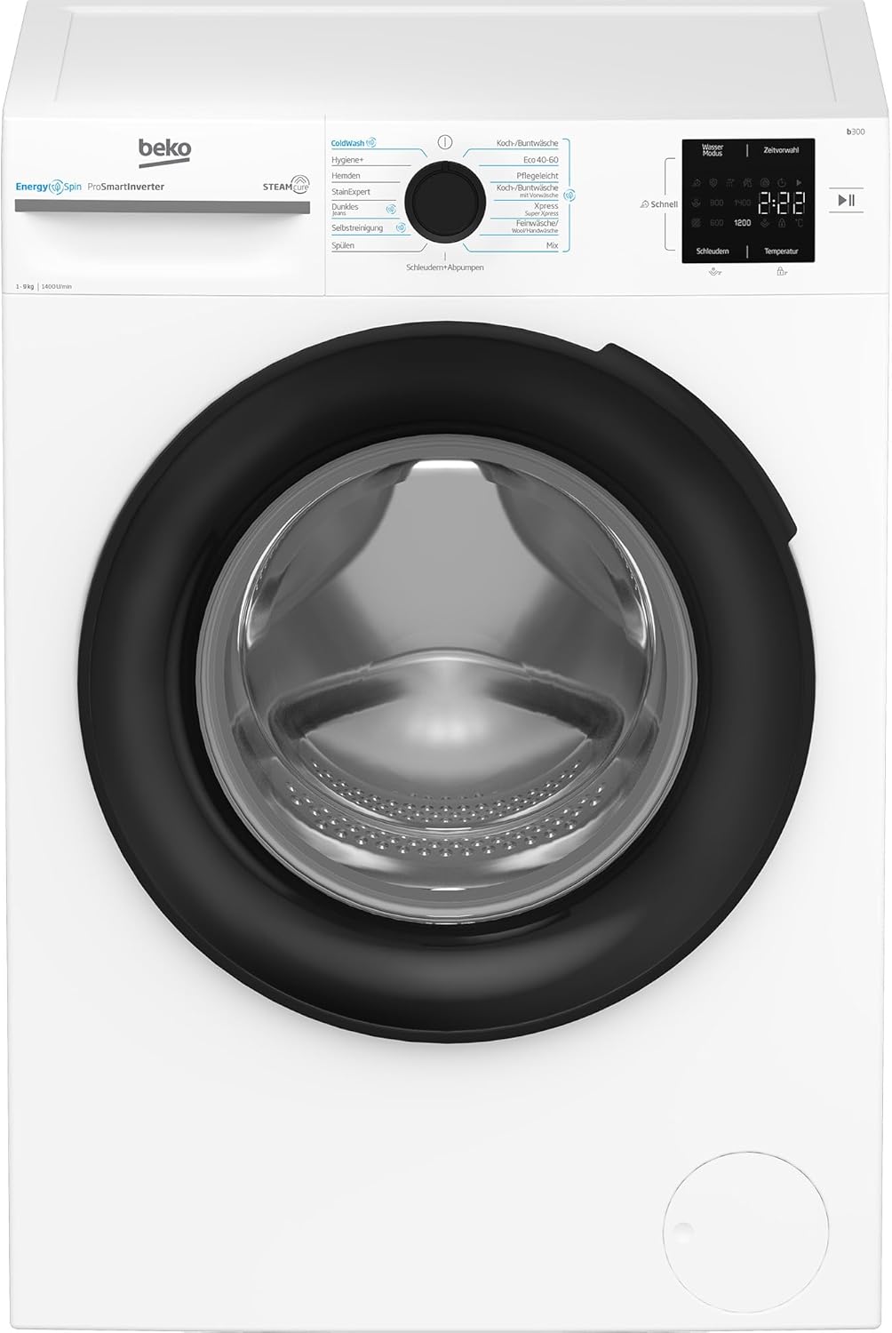 Beko BM3WFU3941X freistehende Waschmaschine, Waschvollautomat, 9 kg, EnergySpin, Schleuderwahl 1400 U/min, Hygiene+ allergikergeeignet, Coldwash Wasser-& Zeitersparnis, Weiß