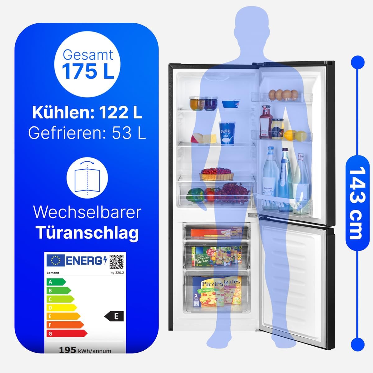 Bomann® Kühlschrank mit Gefrierfach | Energieklasse E | 143cm | Kühl Gefrierkombination leise 39 dB | 3 Ablagen & 3 Schubladen | Türanschlag wechselbar | 175L Kühlgefrierkombi | KG 320.2 schwarz