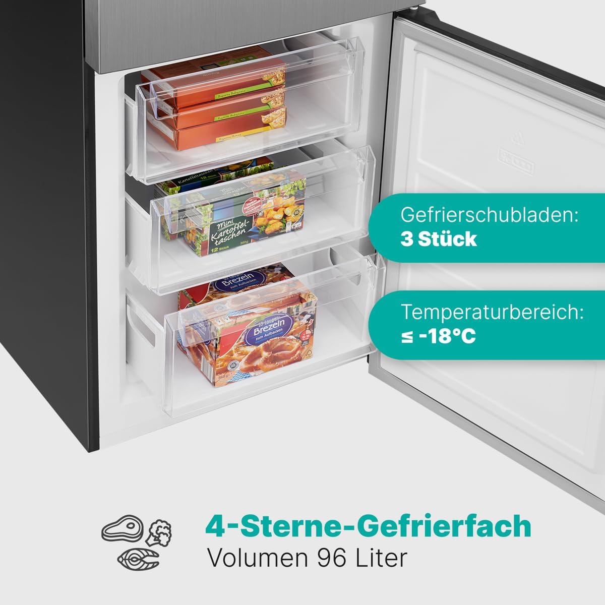 Bomann® XXL Kühlschrank mit Gefrierfach 186cm | 60cm breit | Kühlschrank mit Gefrierfach freistehend | Kühlgefrierkombi 4 Ablagen | Türanschlag wechselbar | 40db | Refrigerator KG 7357 inox