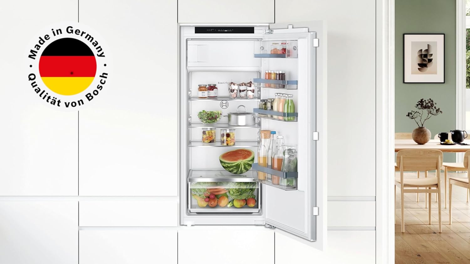 Bosch KIL42VFE0 Serie 4, Einbau-Kühlschrank mit Gefrierfach, 122 x 56 cm, Made in Germany, 172 L Kühlen & 15 L Gefrieren, Flachscharnier, FreshSense - für konstante Innentemperatur, Multibox XXL, LED