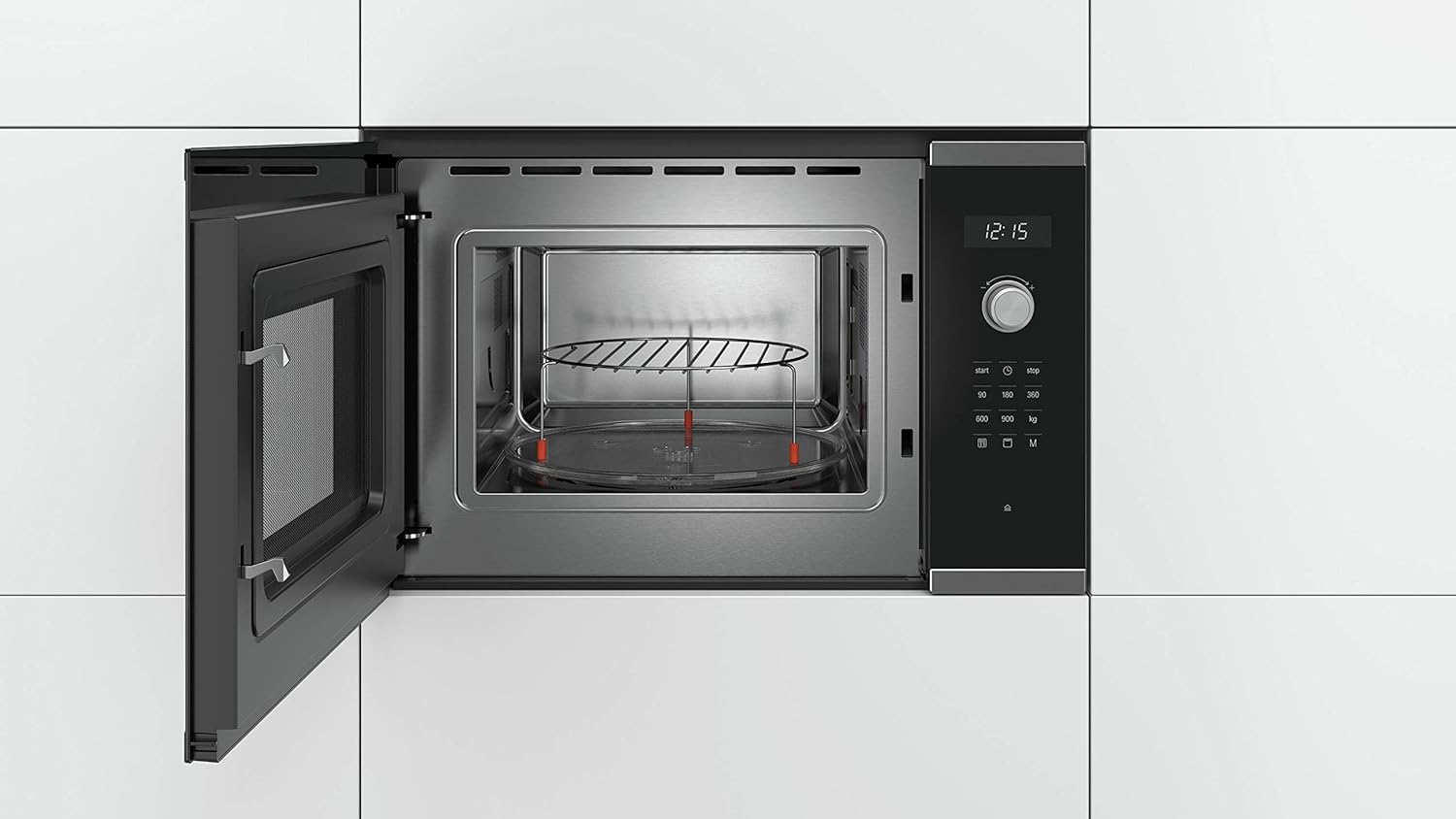 Bosch BEL554MS0 Serie 6 Einbau-Mikrowelle, 38 x 59 cm, 900 W, Drehteller 31,5cm, Türanschlag Links, AutoPilot 8 8 Automatikprogramme, Reinigungsunterstützung, LED-Touchdisplay, Edelstahl
