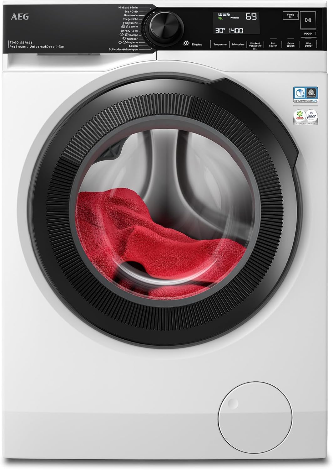 AEG Waschmaschine 9kg Serie 7000 ProSteam - Dampf-Programm – Weniger Bügeln & Mehr Frische, UniversalDose-Schublade für jedes Waschmittel bes. Effektiv für PODS, Mengenautomatik, 1600U/min, LR7EA75690