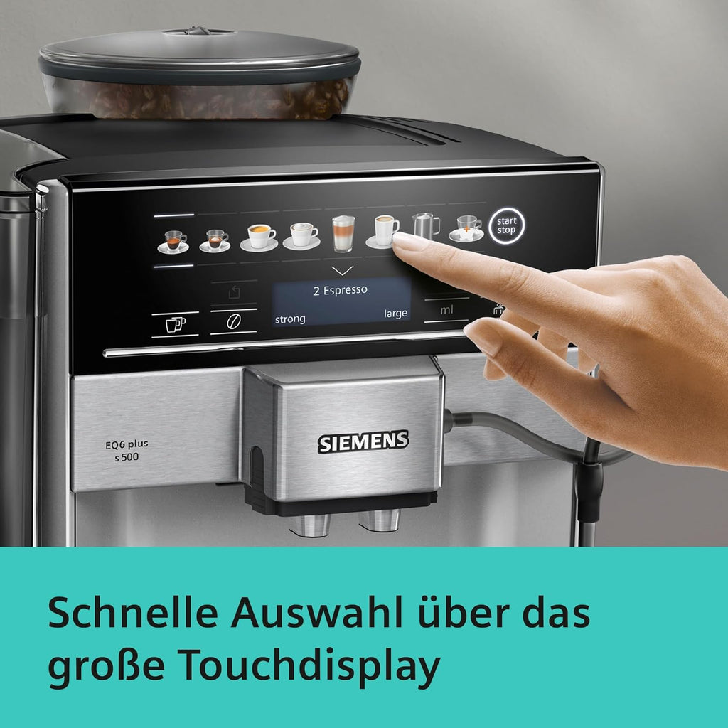 Siemens Kaffeevollautomat EQ6 plus s300, Milchsystem, 11 Getränke, automatische Reinigung des Milchsystems, Keramikmahlwerk, großes Touchdisplay, Silber, TE653501DE