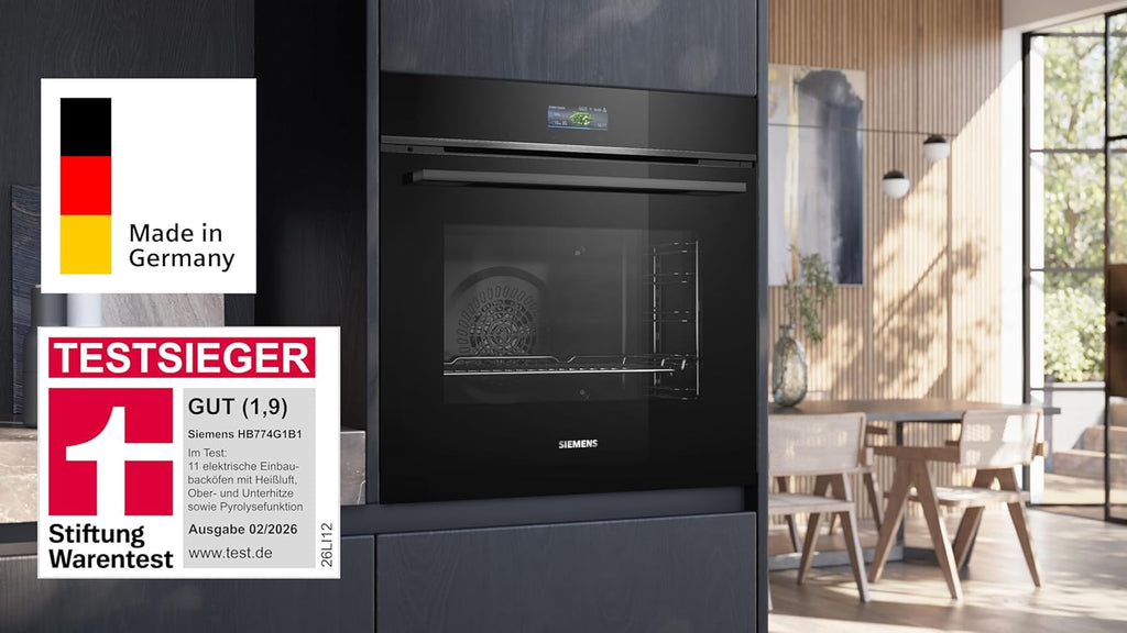 Siemens HB774G1B1, Stiftung Warentest Testsieger*, iQ700 Smarter Einbau-Backofen 60x60 cm, Made in Germany, activeClean Pyrolyse & humidClean Hydrolyse, Air Fry, Automatikprogramme, Touchscreen