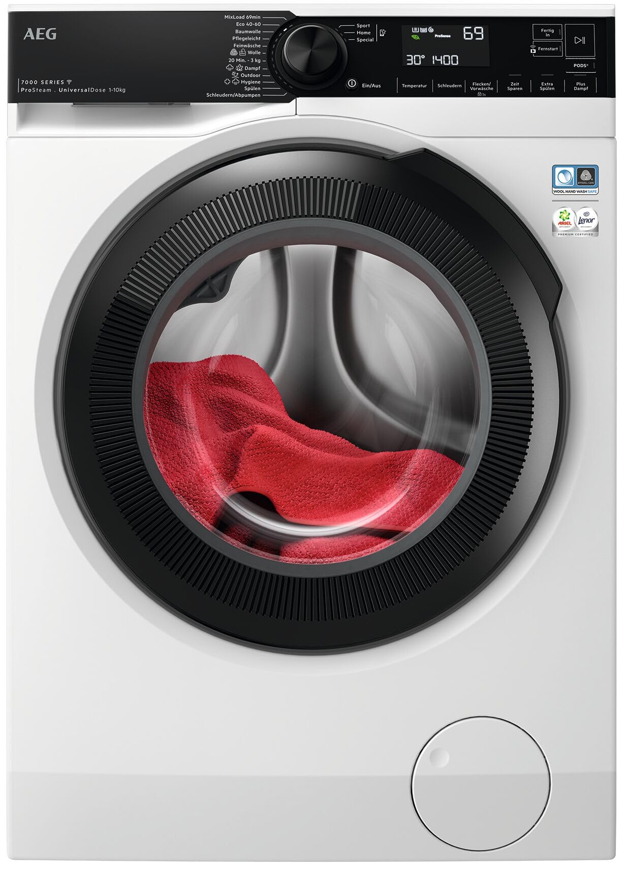 AEG Waschmaschine 9kg Serie 7000 ProSteam - Dampf-Programm – Weniger Bügeln & Mehr Frische, UniversalDose-Schublade für jedes Waschmittel bes. Effektiv für PODS, Mengenautomatik, 1600U/min, LR7EA75690