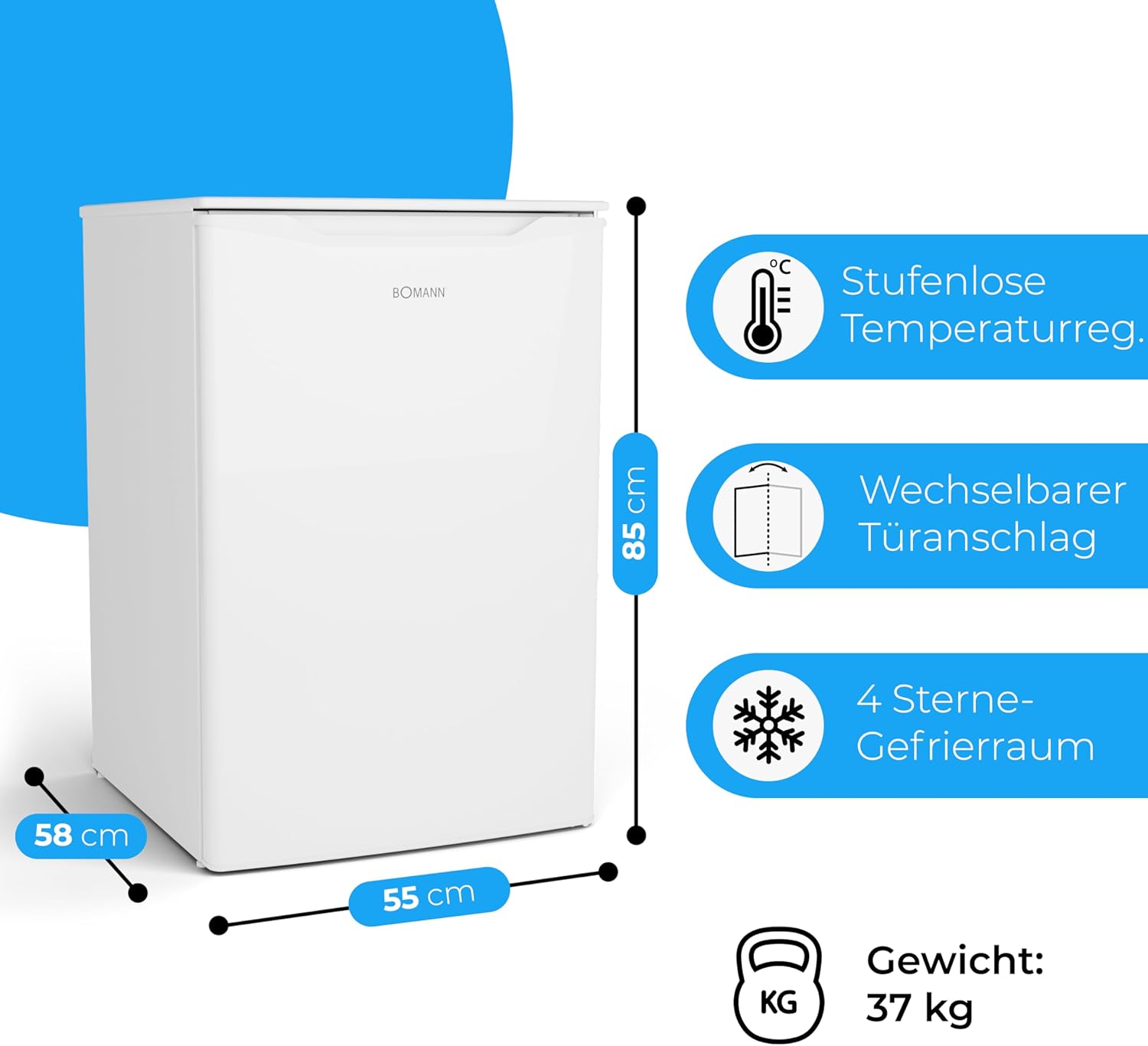 Bomann® Gefrierschrank | 87 L | energieeffizient, leise & klein | ≤ -18 °C, stufenlos regelbar | 3 Schubladen & Eiswürfelschale | 4-Sterne-Gefrierfach, Türanschlag wechselbar | GS 7253 weiß