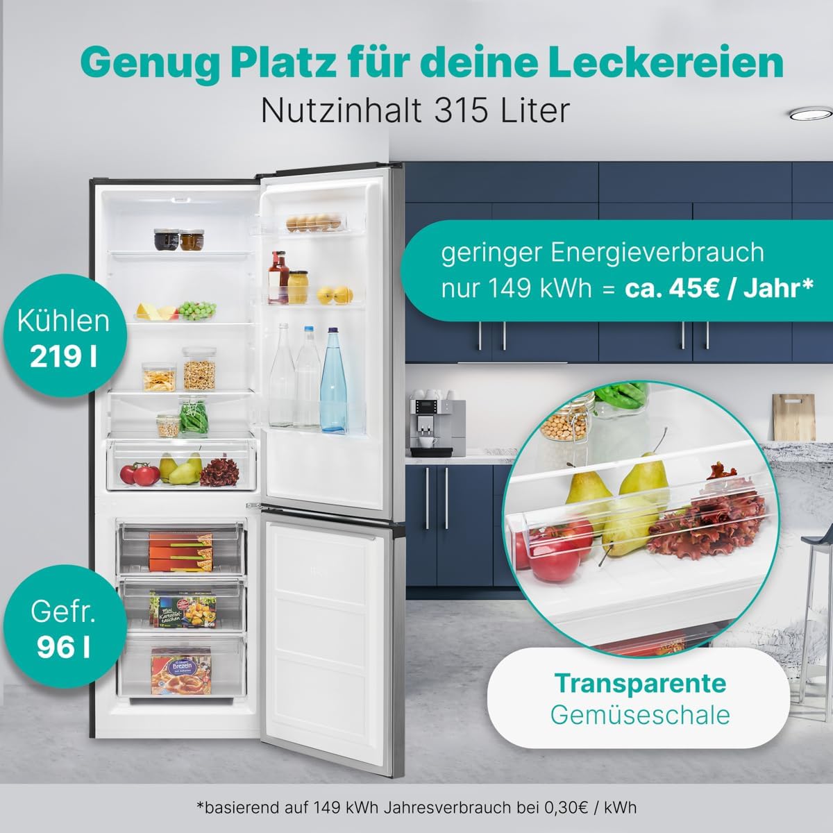 Bomann® XXL Kühlschrank mit Gefrierfach 186cm | 60cm breit | Kühlschrank mit Gefrierfach freistehend | Kühlgefrierkombi 4 Ablagen | Türanschlag wechselbar | 40db | Refrigerator KG 7357 inox