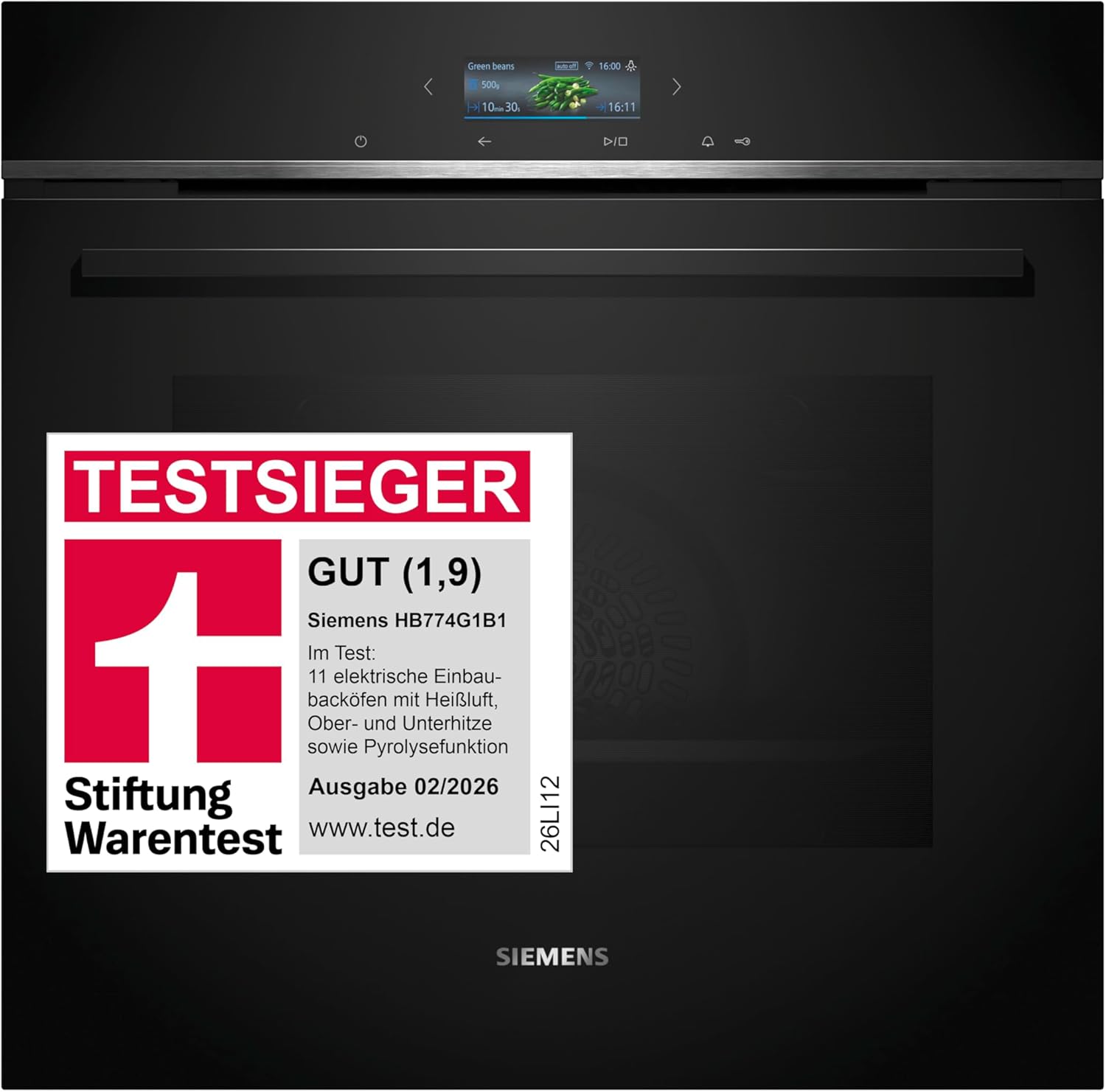 Siemens HB774G1B1, Stiftung Warentest Testsieger*, iQ700 Smarter Einbau-Backofen 60x60 cm, Made in Germany, activeClean Pyrolyse & humidClean Hydrolyse, Air Fry, Automatikprogramme, Touchscreen