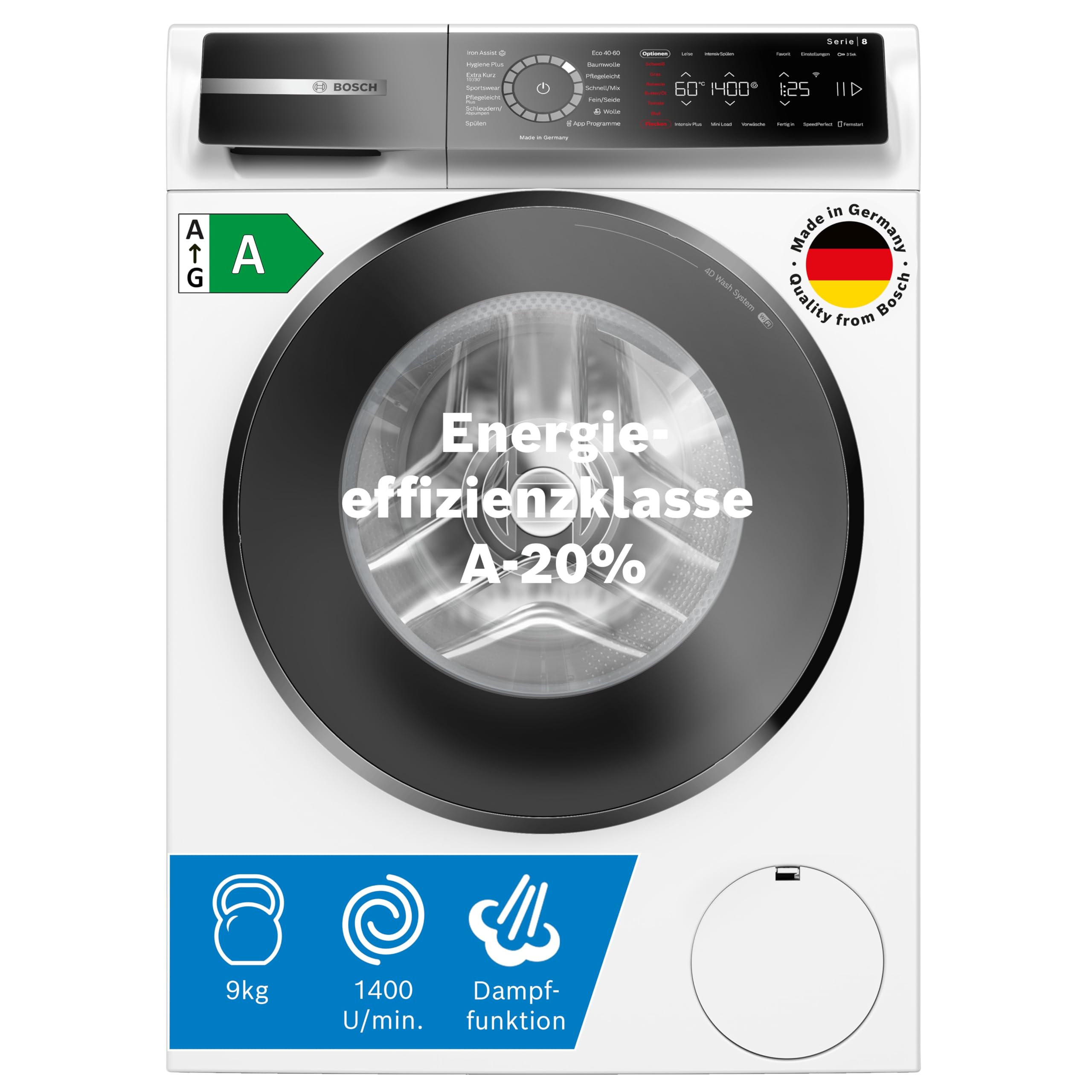 Bosch WUU28T71, Stiftung Warentest Testsieger*, Serie 6 Waschmaschine 8 kg, Unterbaufähig, 1400 UpM, Beladungserkennung, Hygiene Plus, Nachlegefunktion, Frontlader, LED Display, Schontrommel, AquaStop