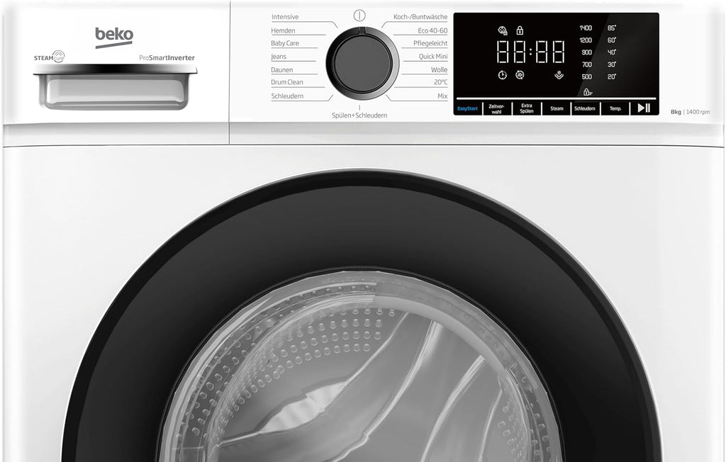 Beko BM3WFOE841PSA freistehende Waschmaschine, Waschvollautomat, 8 kg, Schleuderwahl 1400 U/min, AddXtra, SteamCure, Coldwash Wasser-& Zeitersparnis, Weiß