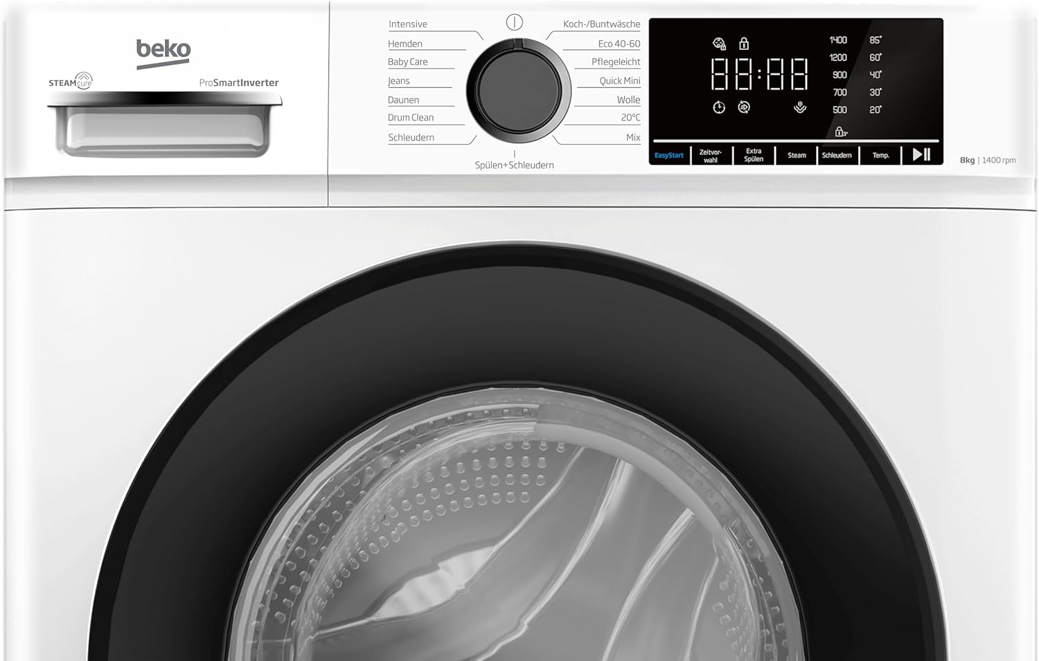 Beko BM3WFOE841PSA freistehende Waschmaschine, Waschvollautomat, 8 kg, Schleuderwahl 1400 U/min, AddXtra, SteamCure, Coldwash Wasser-& Zeitersparnis, Weiß