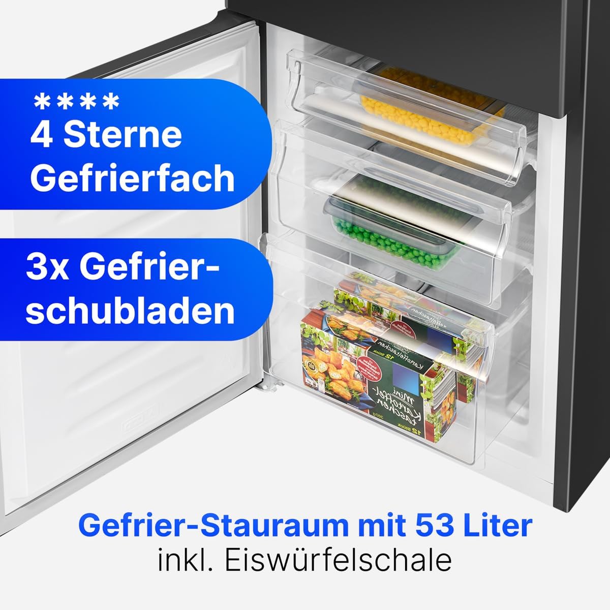 Bomann® Kühlschrank mit Gefrierfach | Energieklasse E | 143cm | Kühl Gefrierkombination leise 39 dB | 3 Ablagen & 3 Schubladen | Türanschlag wechselbar | 175L Kühlgefrierkombi | KG 320.2 schwarz