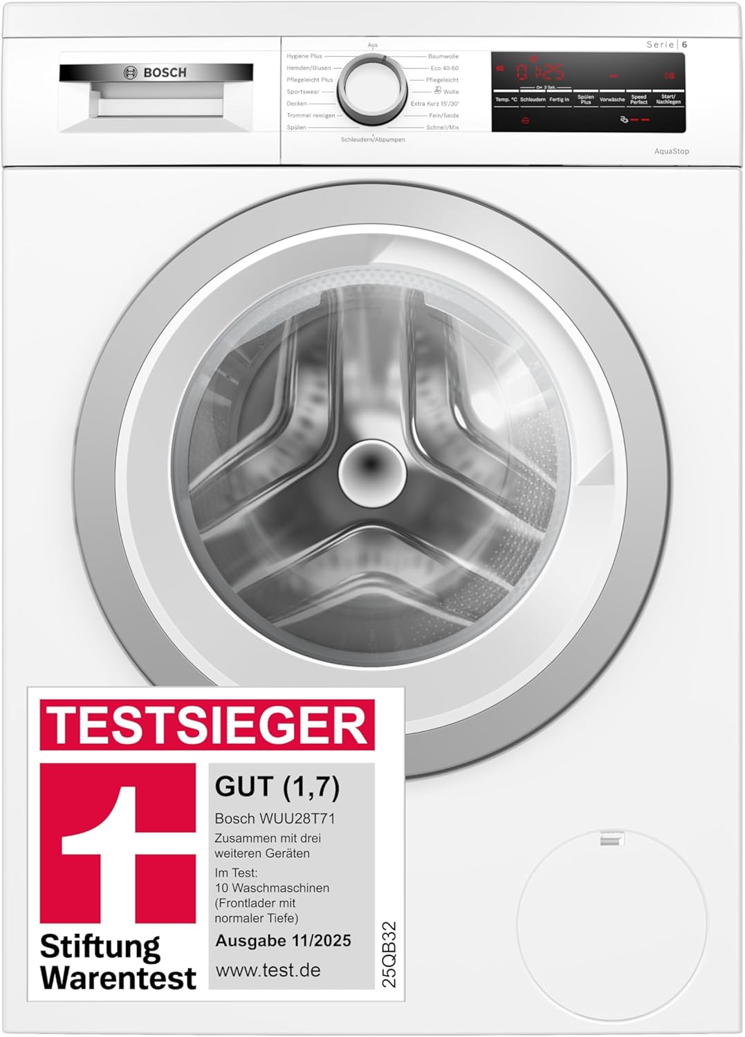 Bosch WUU28T71, Stiftung Warentest Testsieger*, Serie 6 Waschmaschine 8 kg, Unterbaufähig, 1400 UpM, Beladungserkennung, Hygiene Plus, Nachlegefunktion, Frontlader, LED Display, Schontrommel, AquaStop