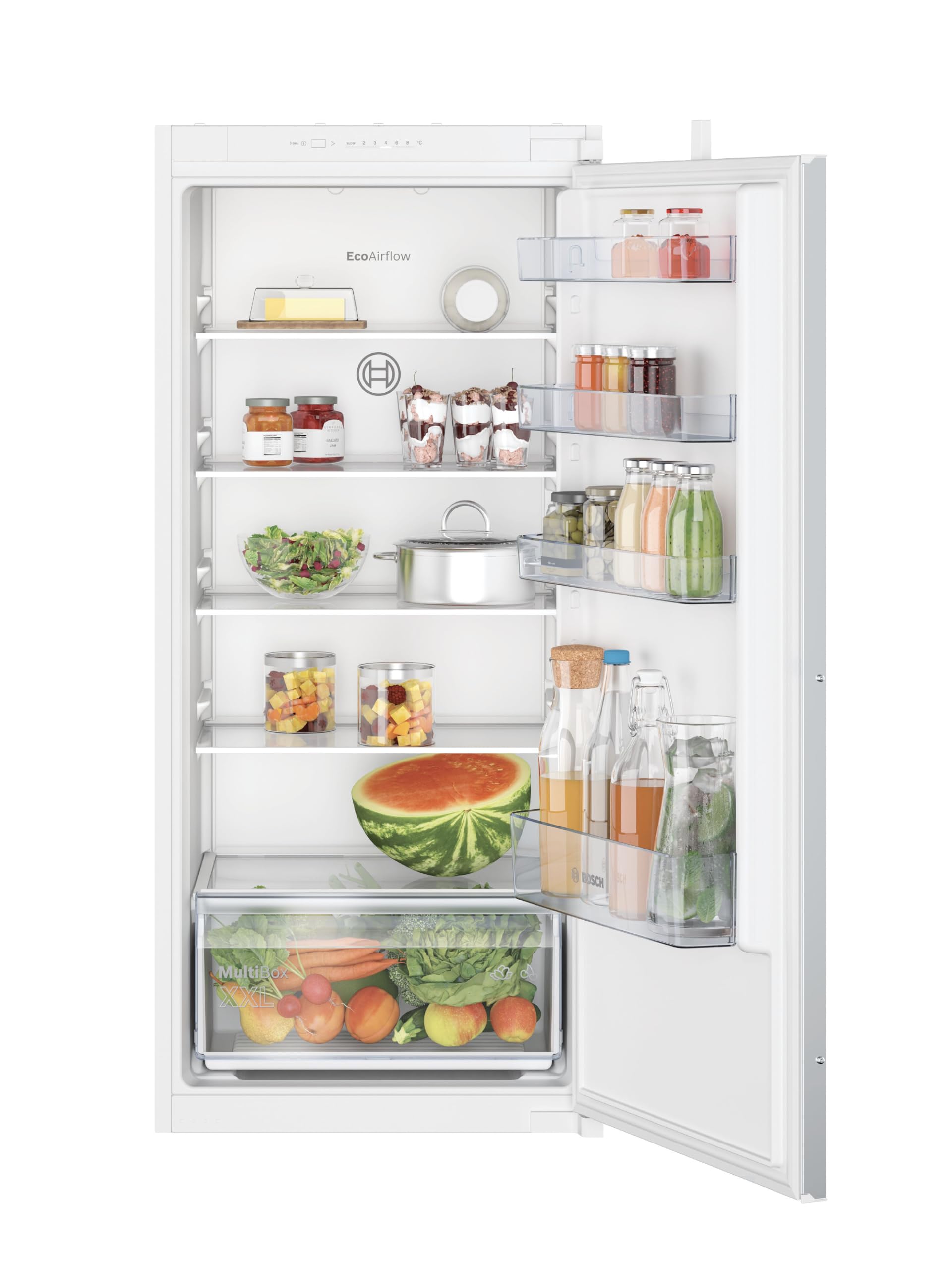 Bosch KIL42VFE0 Serie 4, Einbau-Kühlschrank mit Gefrierfach, 122 x 56 cm, Made in Germany, 172 L Kühlen & 15 L Gefrieren, Flachscharnier, FreshSense - für konstante Innentemperatur, Multibox XXL, LED