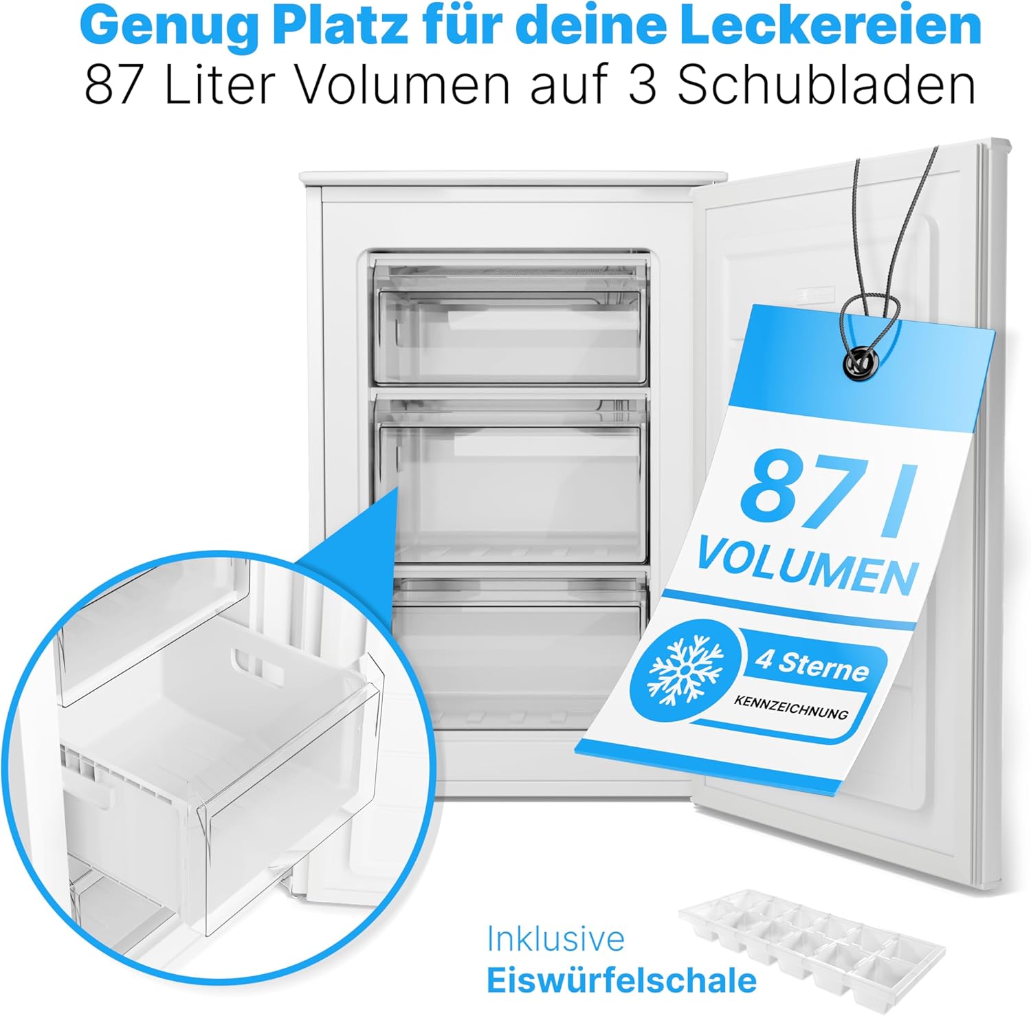 Bomann® Gefrierschrank | 87 L | energieeffizient, leise & klein | ≤ -18 °C, stufenlos regelbar | 3 Schubladen & Eiswürfelschale | 4-Sterne-Gefrierfach, Türanschlag wechselbar | GS 7253 weiß