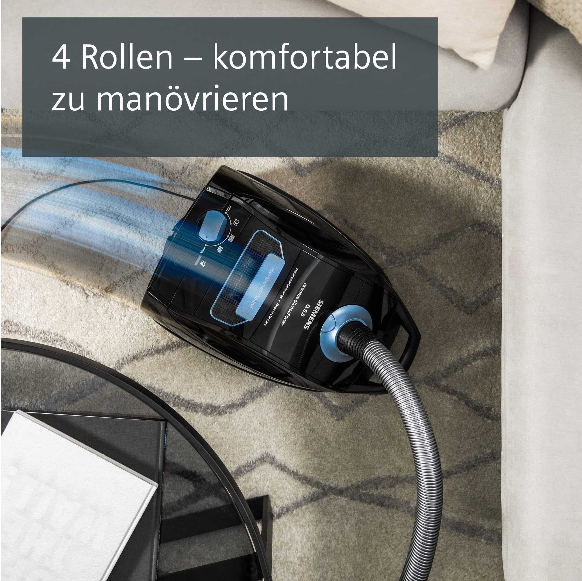 Siemens Staubsauger mit Beutel Q5.0 extreme silencePower VSQ5X1230, ideal für Allergiker, Hygiene-Filter, starke Saugleistung, Bodendüse für Parkett, Teppich, Fliesen, langes Kabel, 850 W, schwarz