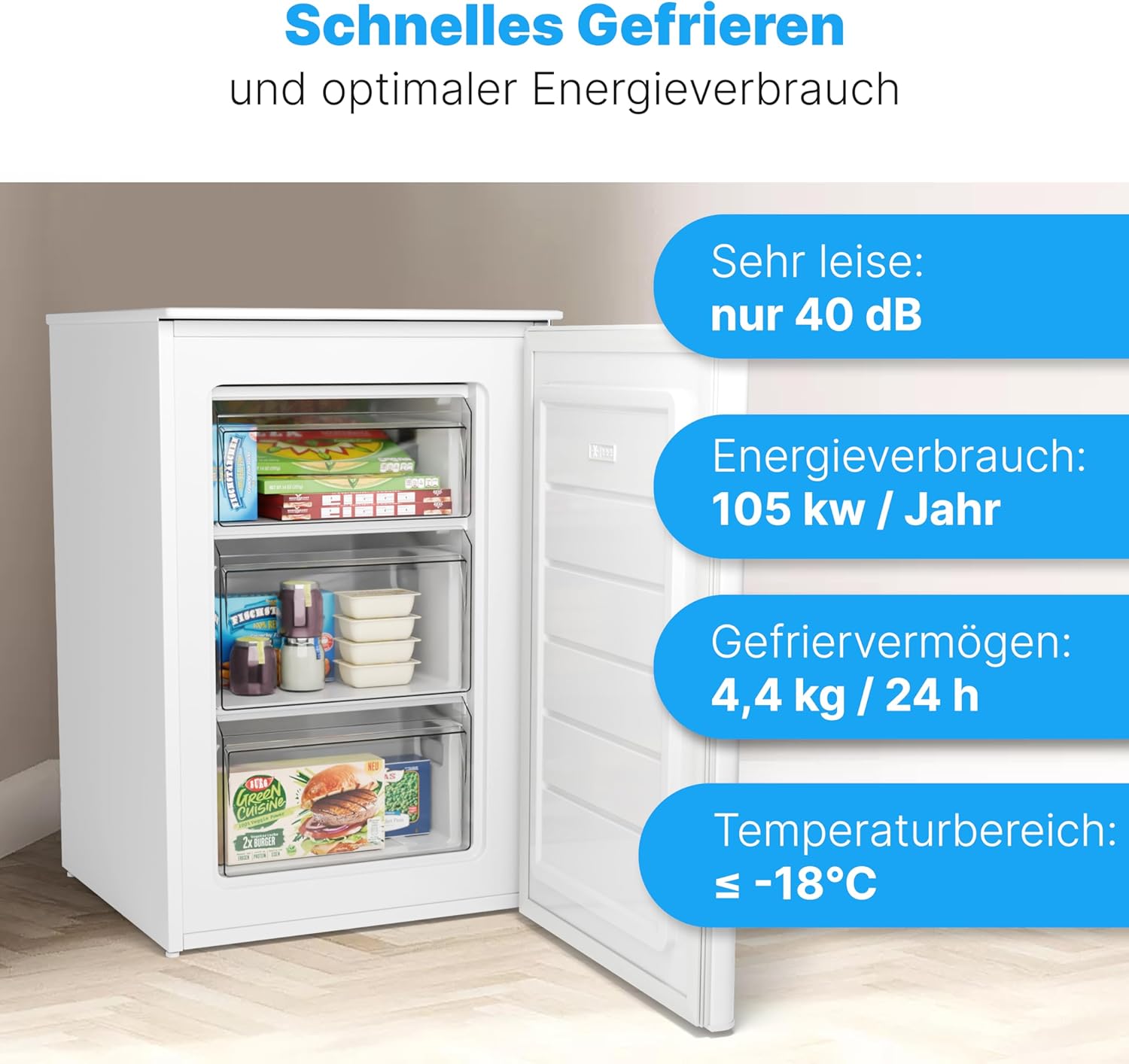 Bomann® Gefrierschrank | 87 L | energieeffizient, leise & klein | ≤ -18 °C, stufenlos regelbar | 3 Schubladen & Eiswürfelschale | 4-Sterne-Gefrierfach, Türanschlag wechselbar | GS 7253 weiß