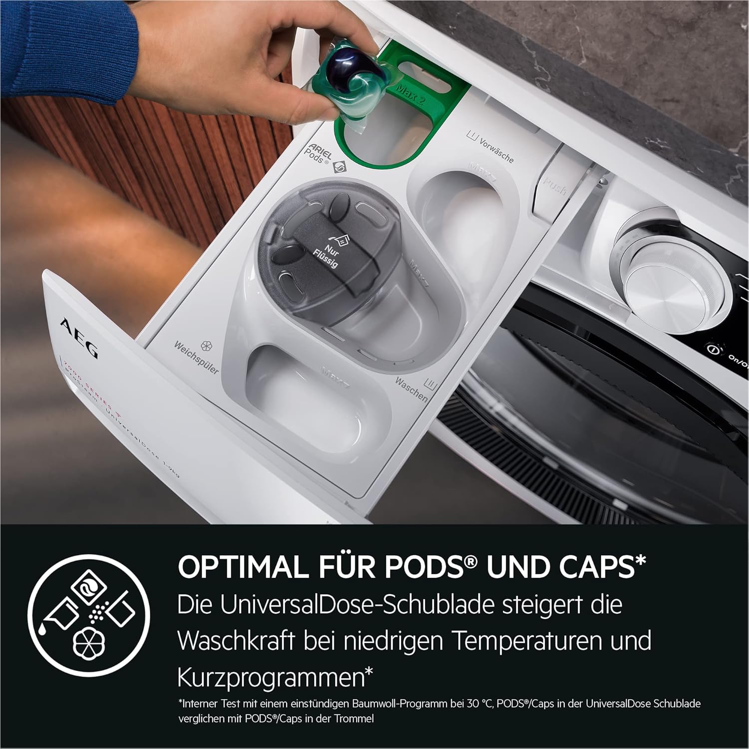 AEG Waschmaschine 9kg Serie 7000 ProSteam - Dampf-Programm – Weniger Bügeln & Mehr Frische, UniversalDose-Schublade für jedes Waschmittel bes. Effektiv für PODS, Mengenautomatik, 1600U/min, LR7EA75690