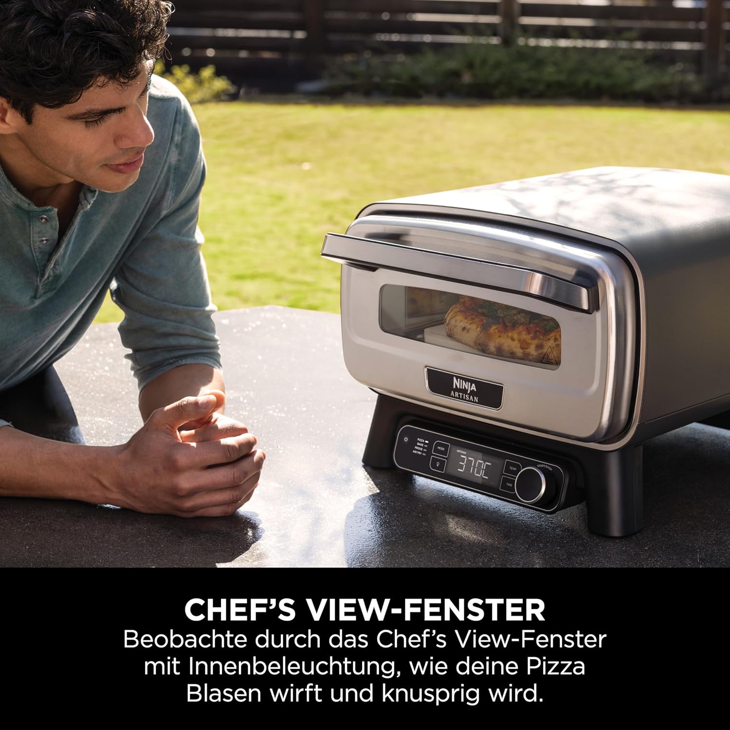 Ninja Artisan Outdoor-Pizzaofen und Heißluftfritteuse, 4 Funktionen: Pizza, Air Fry, Bake, Prove, 5 Pizzaeinst., mit 30 cm Pizzastein, Pizzaschale, Backblech, Heißluft-Fritteusen-Korb, Grau MO201EU