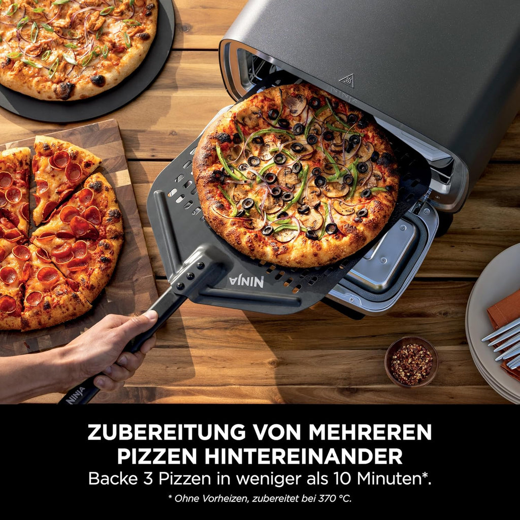 Ninja Artisan Outdoor-Pizzaofen und Heißluftfritteuse, 4 Funktionen: Pizza, Air Fry, Bake, Prove, 5 Pizzaeinst., mit 30 cm Pizzastein, Pizzaschale, Backblech, Heißluft-Fritteusen-Korb, Grau MO201EU