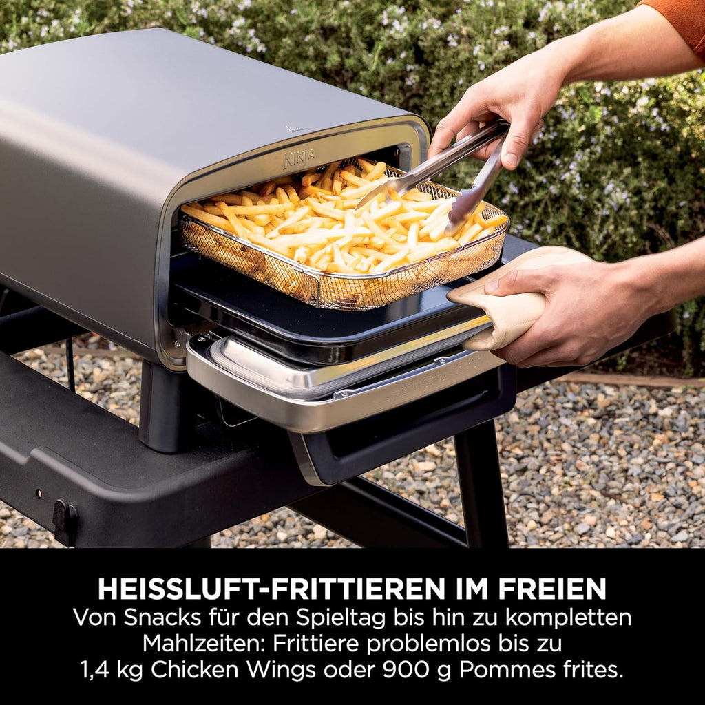 Ninja Artisan Outdoor-Pizzaofen und Heißluftfritteuse, 4 Funktionen: Pizza, Air Fry, Bake, Prove, 5 Pizzaeinst., mit 30 cm Pizzastein, Pizzaschale, Backblech, Heißluft-Fritteusen-Korb, Grau MO201EU